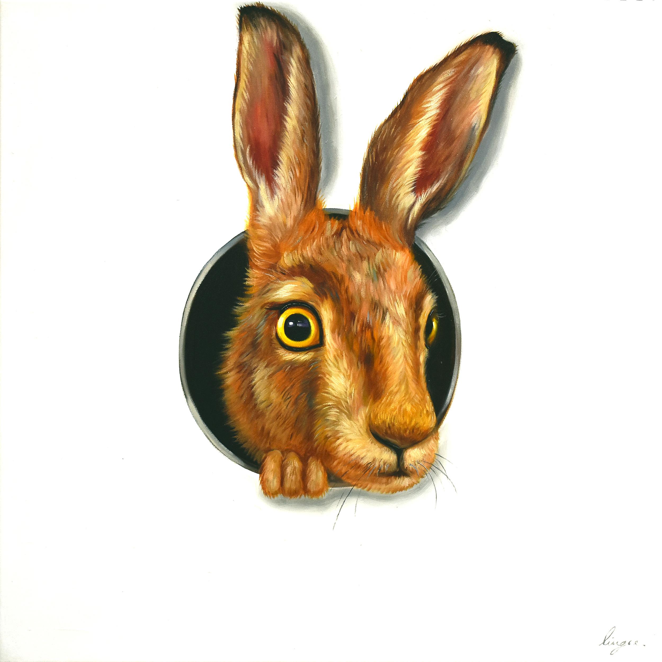 Lingee Bangkhuntod Animal Painting - Hare in Hole 1. Adorable Rabbit looking through a Hole. Oil Painting