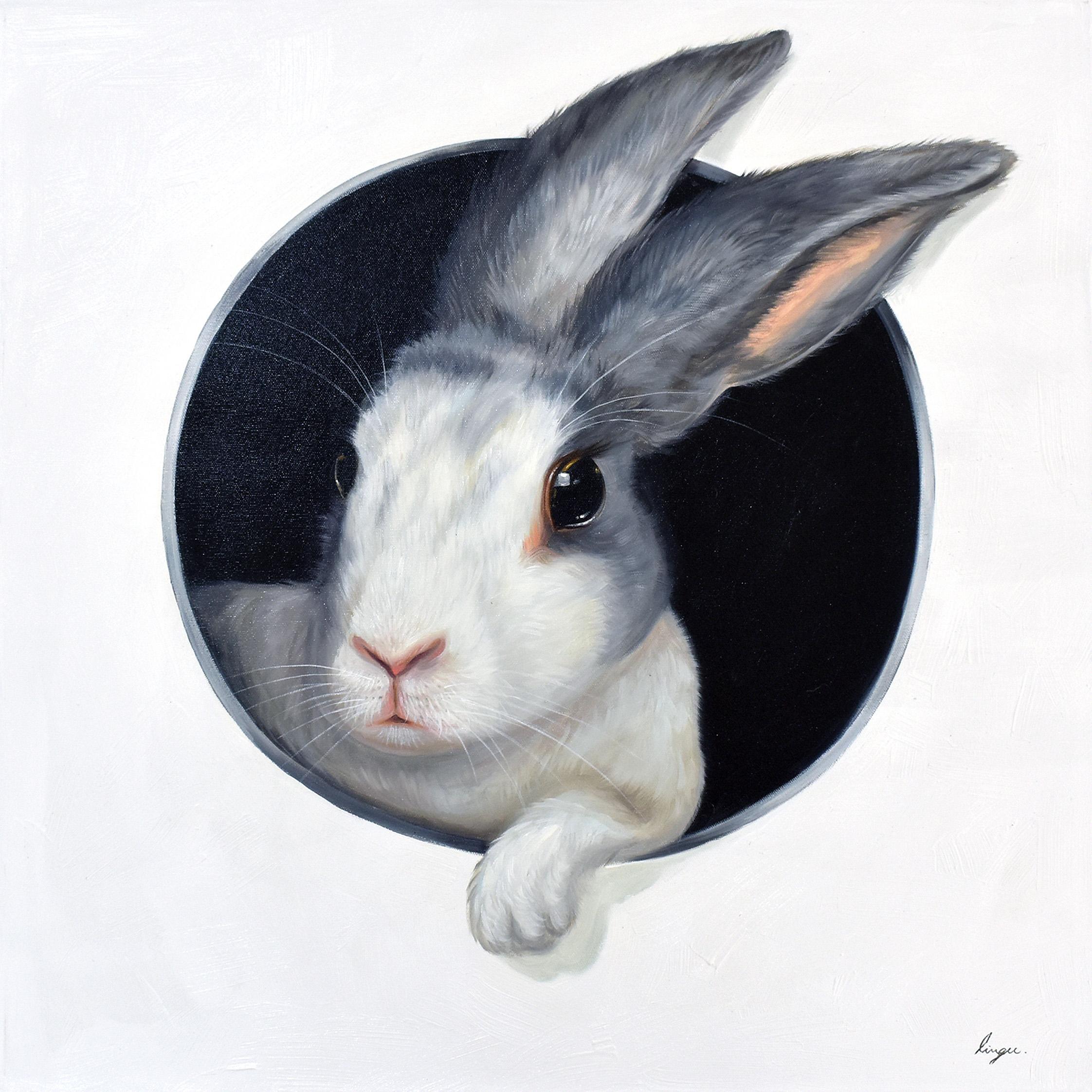 Lingee Bangkhuntod Animal Painting - Hare In Hole 3. Rabbit looking Through a Hole. Adorable rabbit Oil painting