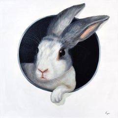 Lepre nel buco 3. Coniglio che guarda attraverso un buco. Adorabile coniglio Pittura ad olio
