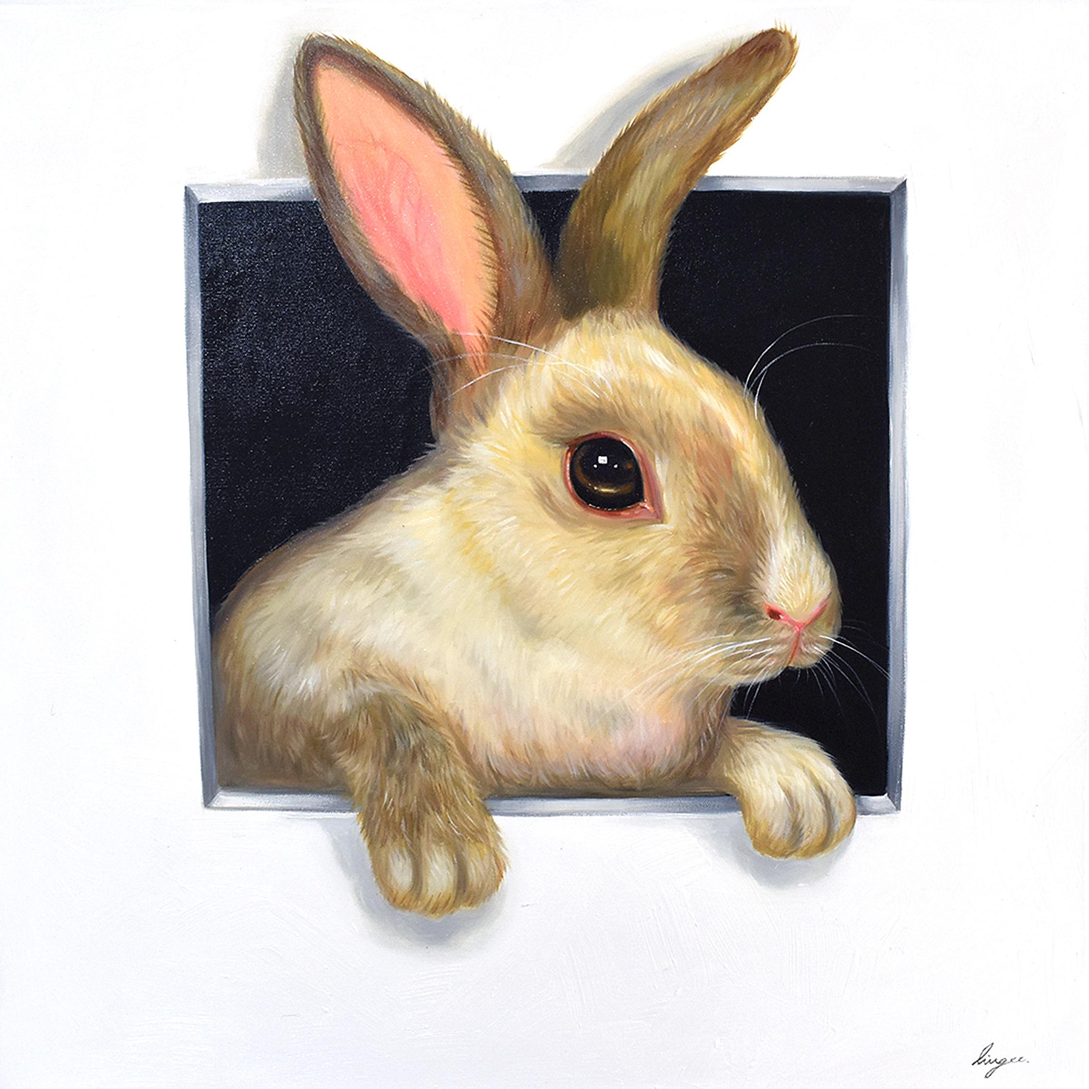Lingee Bangkhuntod Animal Painting - Hare In Hole 4. Rabbit looking Through a Hole. Adorable rabbit Oil painting