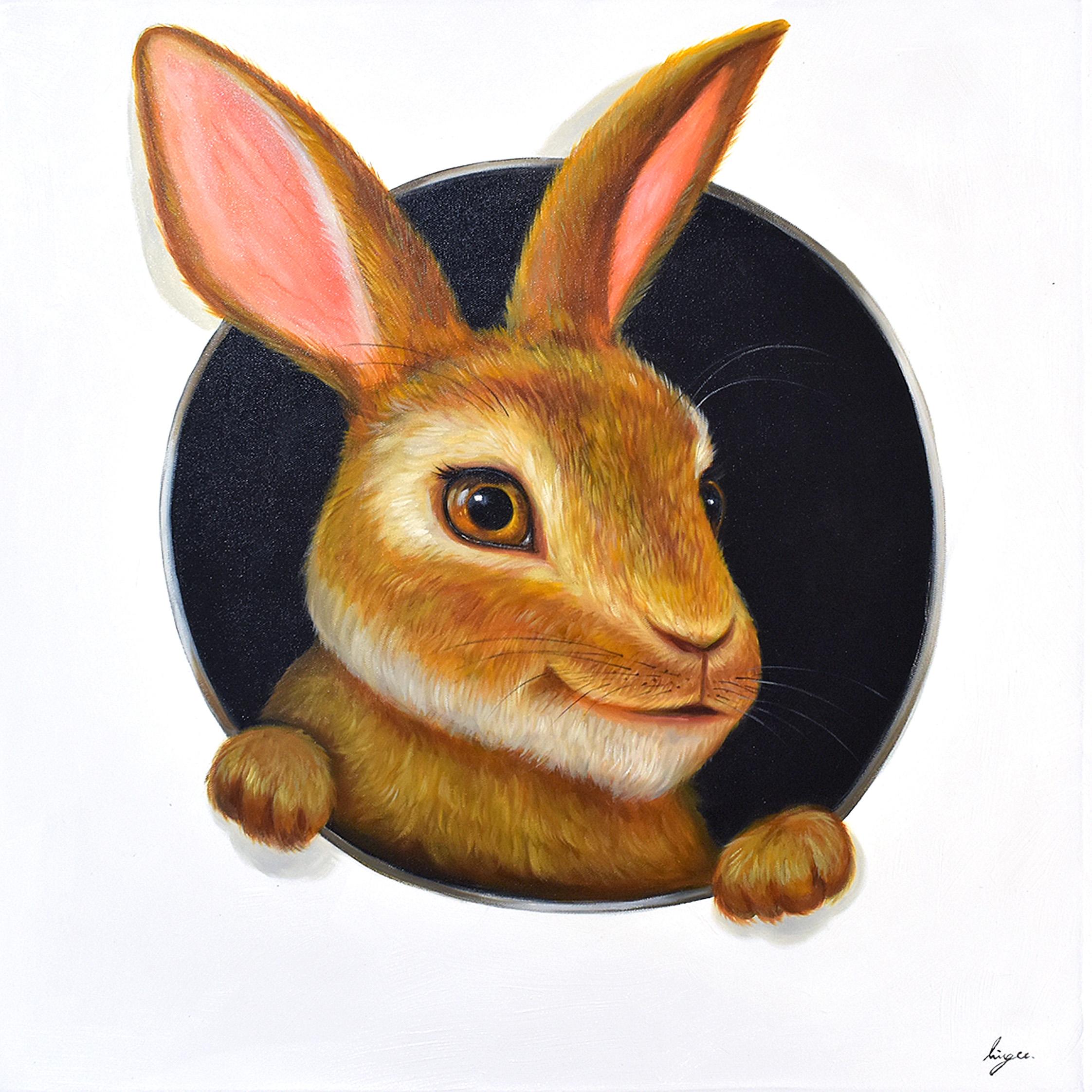 Lingee Bangkhuntod Animal Painting - Hare In Hole 5. Rabbit looking Through a Hole. Adorable rabbit Oil painting
