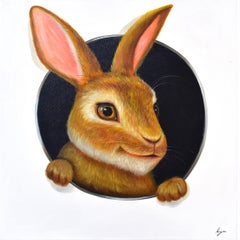 Hare In Hole 5. Rabbit looking Through a Hole. Adorable rabbit Oil painting
