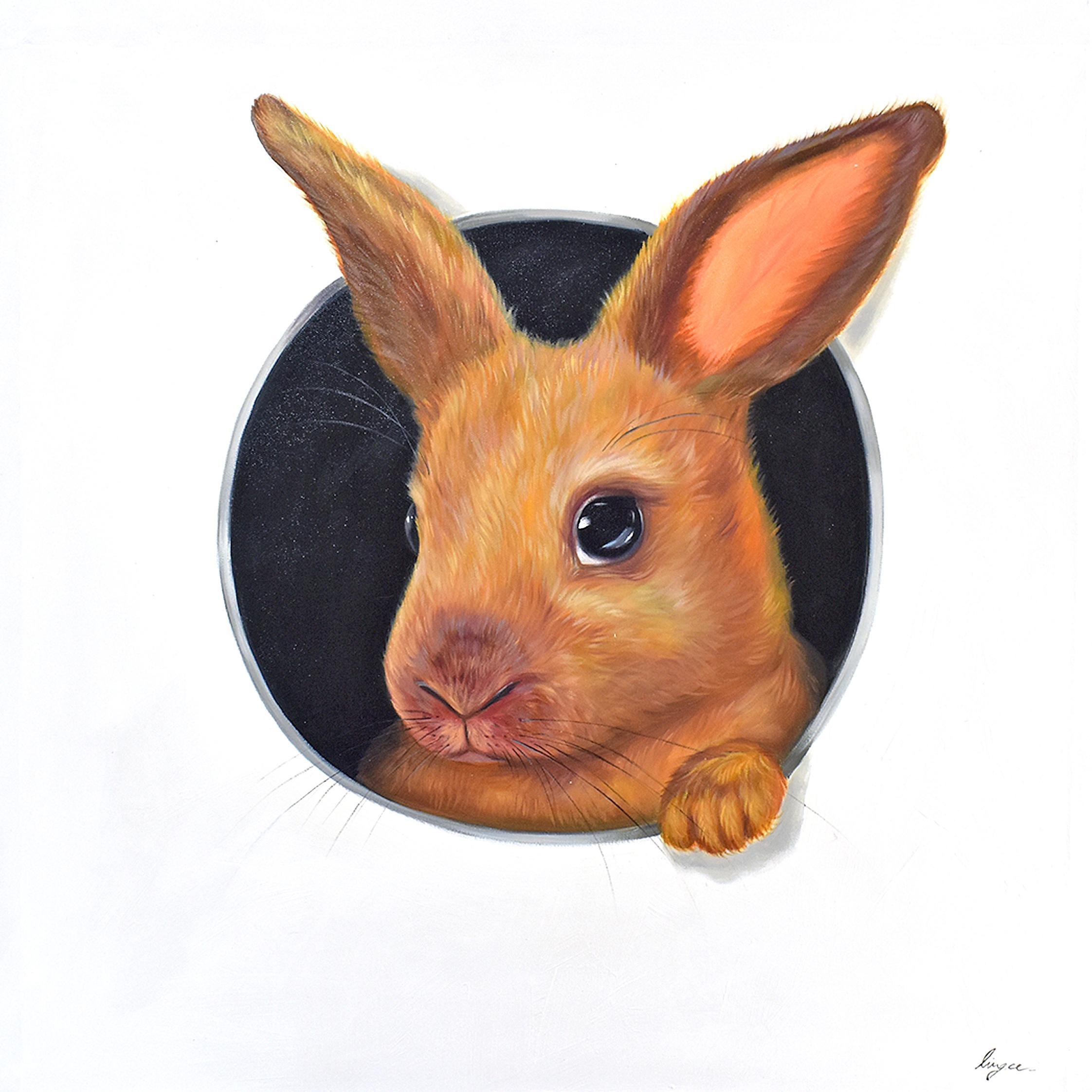 Lingee Bangkhuntod Animal Painting - Hare In Hole 6. Rabbit looking Through a Hole. Adorable Rabbit Oil painting
