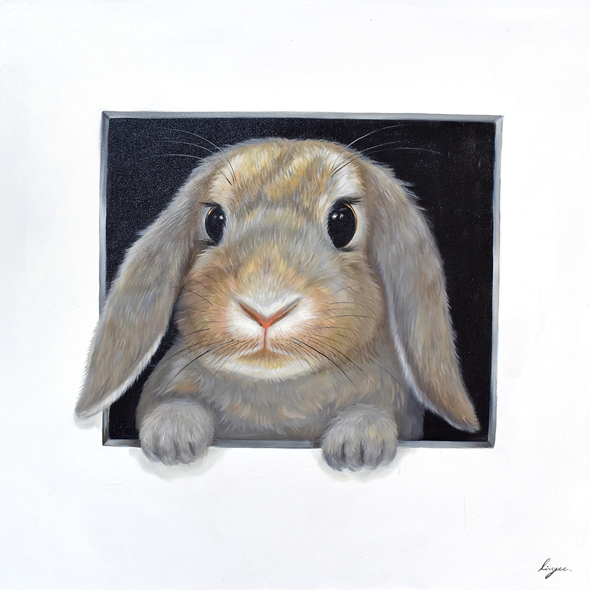 Lingee Bangkhuntod Animal Painting - Hare In Hole 7. Rabbit looking Through a Hole. Adorable rabbit Oil painting