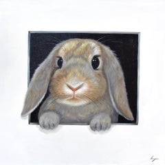 Hare In Hole 7. Rabbit looking Through a Hole. Adorable rabbit Oil painting