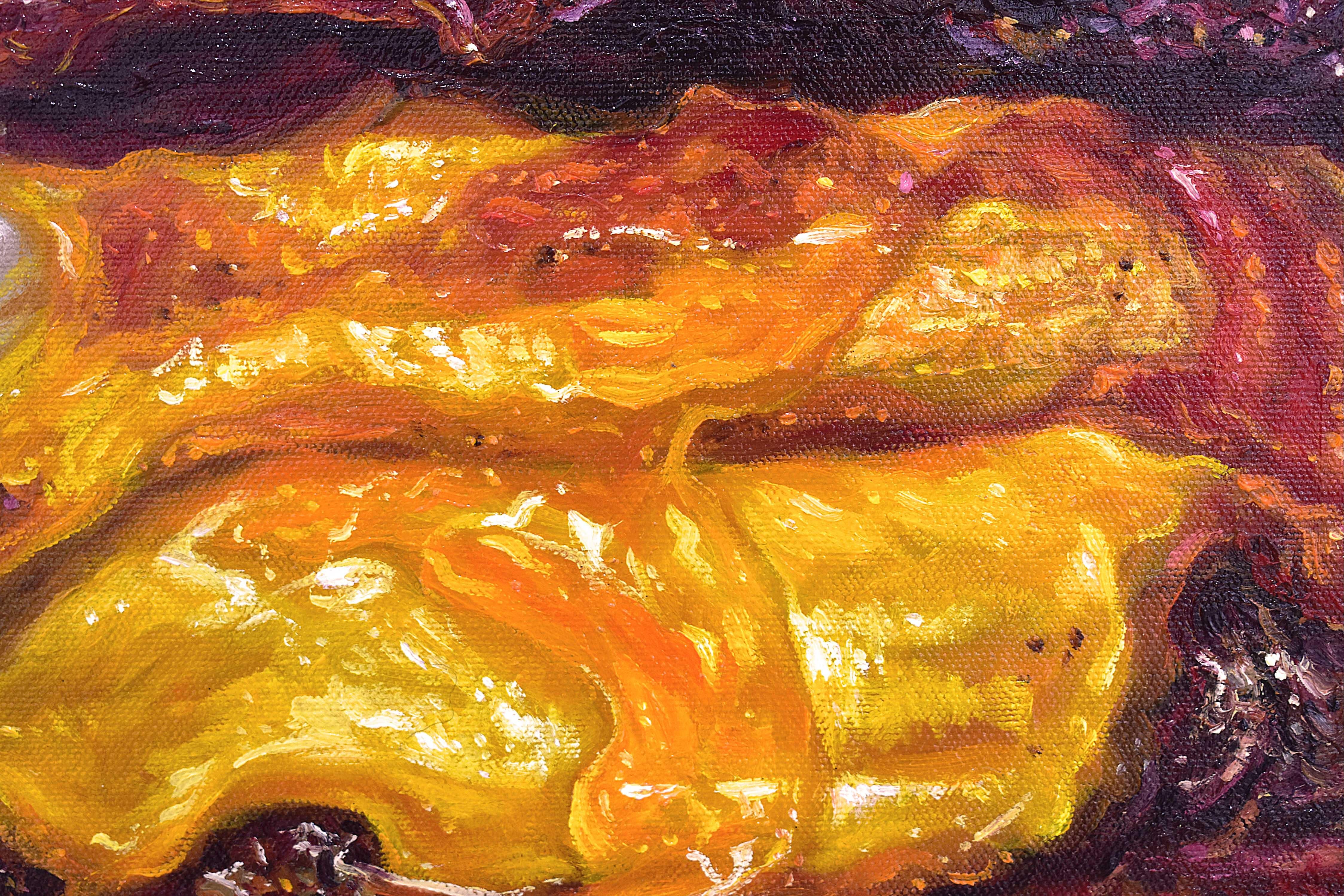 Fleischstapel. Burger. Überlastung. Fast Food. Cheeseburger. Ölgemälde – Painting von Lingee Bangkhuntod
