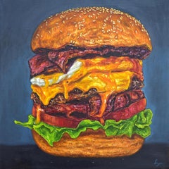 Meat Stack. Burger. Overload. Fast Food. Cheeseburger. Oil Painting