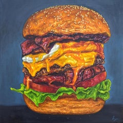 Fleischstapel. Burger. Überlastung. Fast Food. Cheeseburger. Ölgemälde