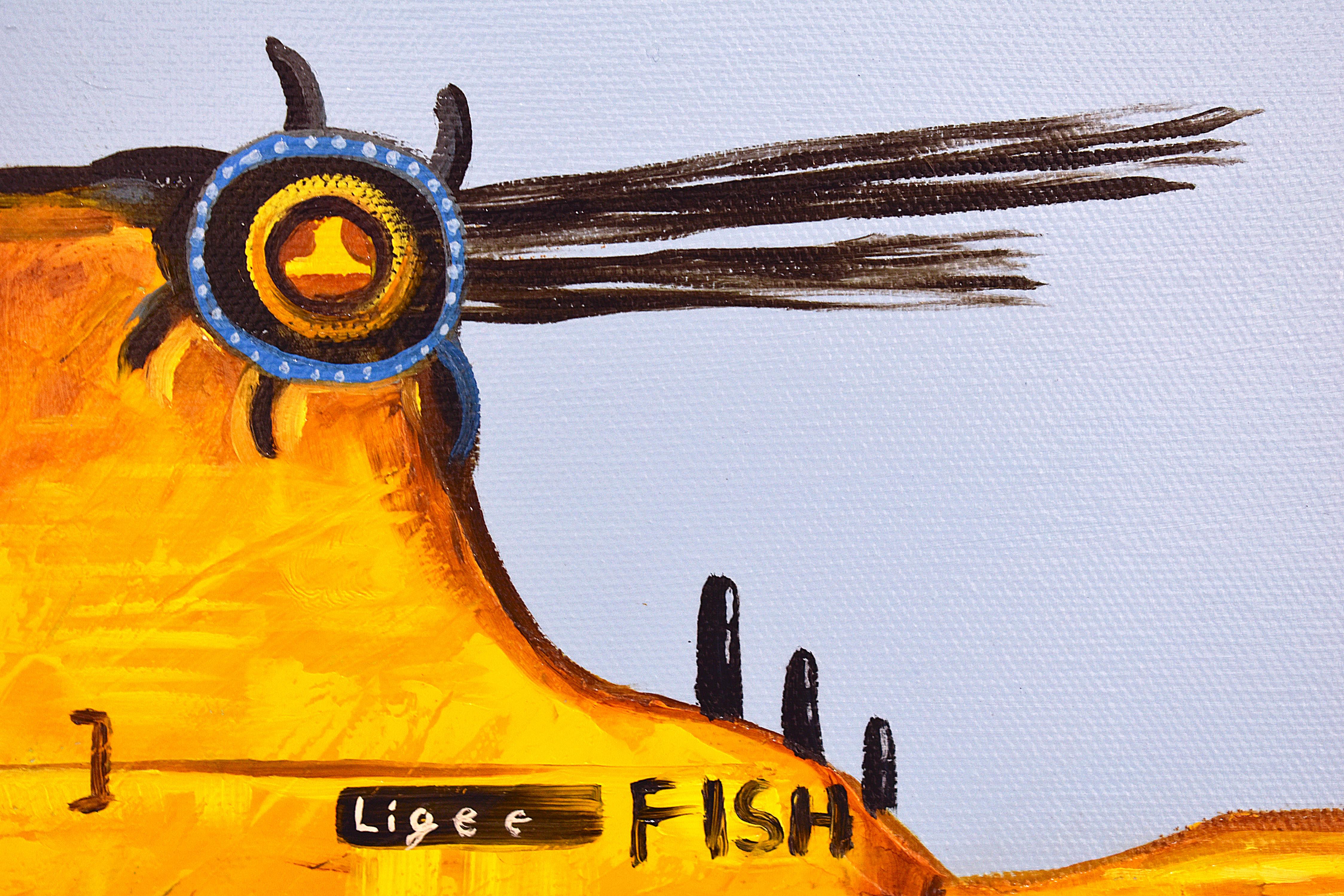 Mechanical Marines. Angler . Steampunk Ocean Fish. Steel Iron Fish Oil Painting - Blue Animal Painting by Lingee Bangkhuntod