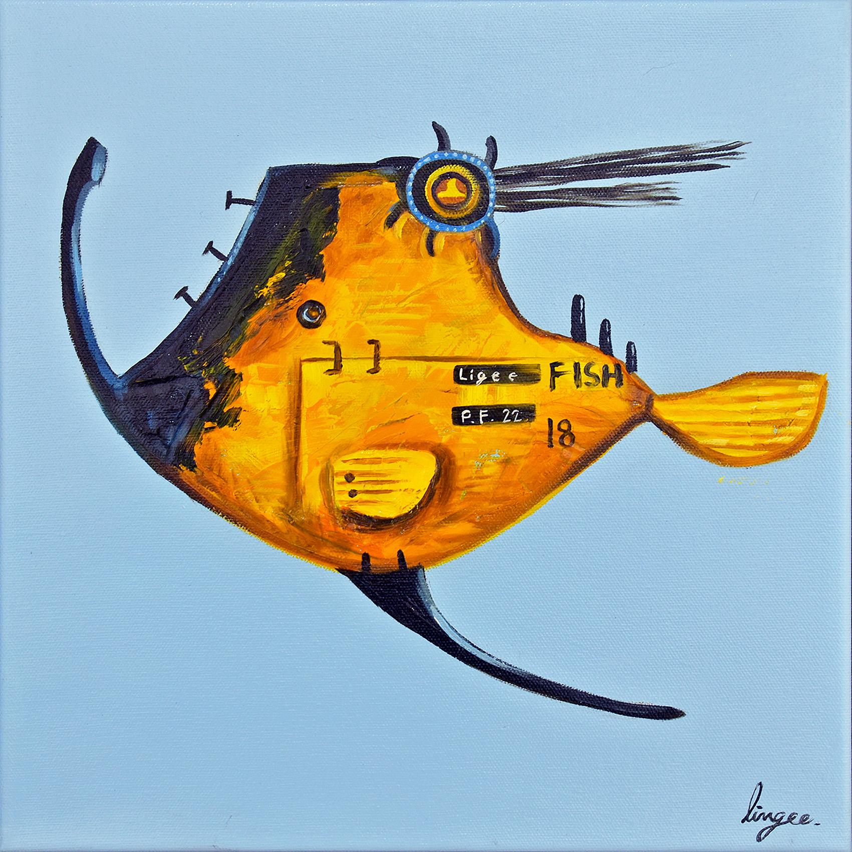 Lingee Bangkhuntod Animal Painting - Mechanical Marines. Angler . Steampunk Ocean Fish. Steel Iron Fish Oil Painting