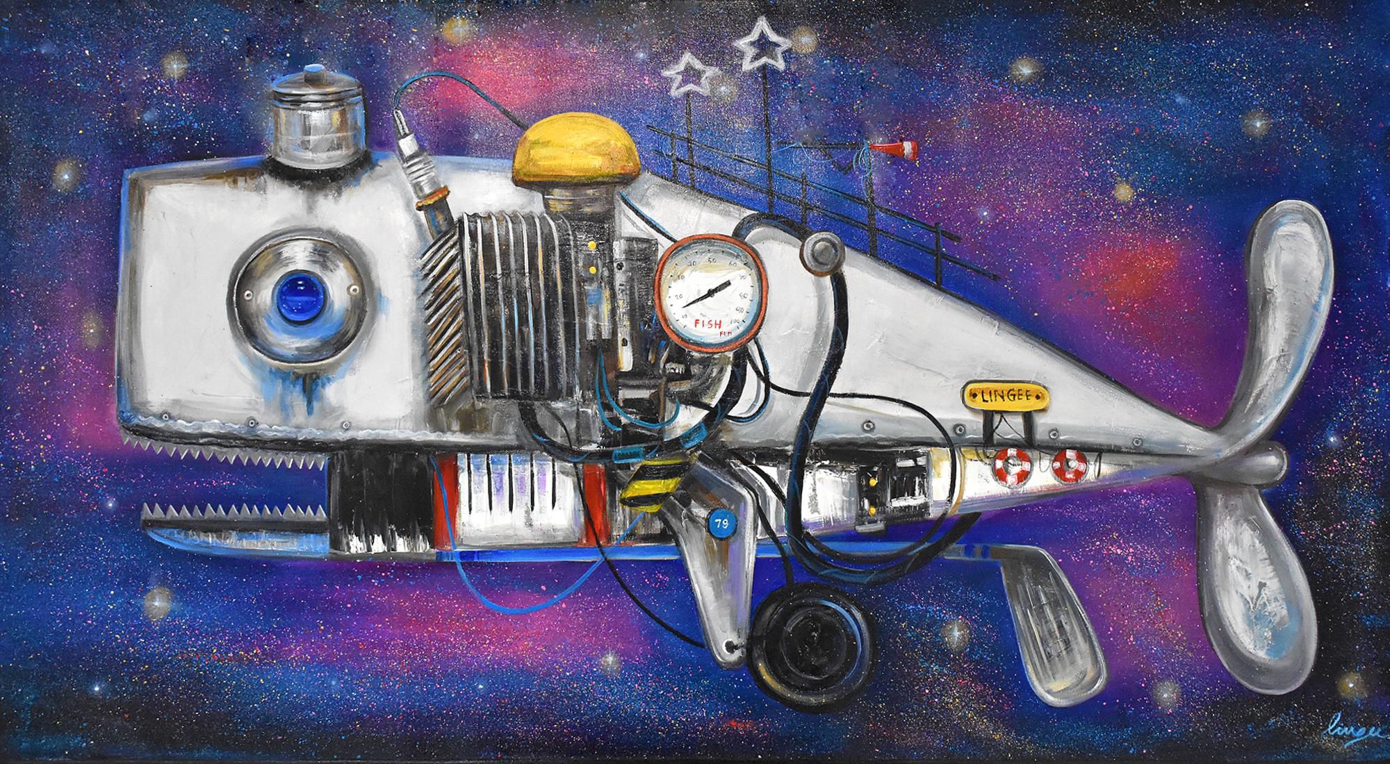 Lingee Bangkhuntod Animal Painting - Mechanical Marines. Cosmic 97  Steampunk Whale. Steel Iron Whale Oil Painting