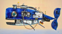 Marinos mecánicos. Motor Tommy. Ballena Steampunk. Pintura al óleo Ballena de acero y hierro
