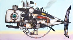 Mechanical Marines. Grey Harbour. Steampunk Whale. Steel Iron Whale Oil Painting