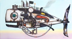 Marines mécaniques. Grey Harbour. Baleine Steampunk. Peinture à l'huile d'une baleine en acier et en fer