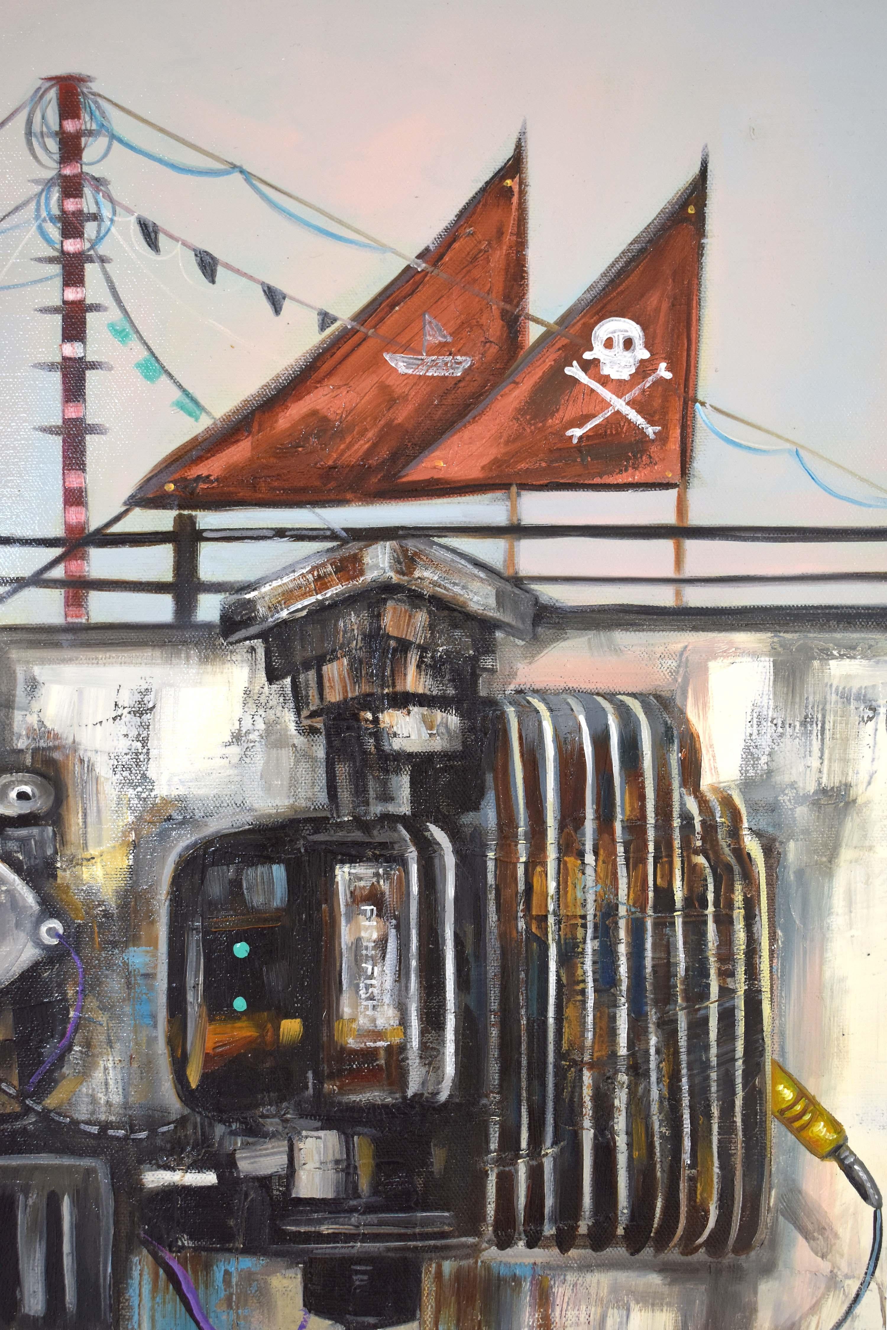 Mechanical Marines. Jaw Lines Steampunk Shark. Steel Iron Shark Oil Painting For Sale 1