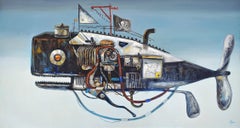 Marinos mecánicos. Ballena Steampunk de la Patrulla Oceánica. Pintura al óleo Ballena de acero y hierro