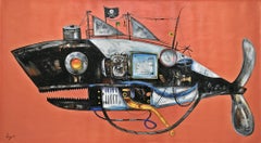 Marine meccaniche. Squalo Pirata. Squalo Steampunk. Squalo in acciaio e ferro Pittura ad olio