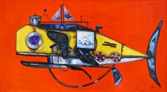 Mechanical Marines. Red Alert. Steampunk Whale. Steel Iron Whale Oil Painting