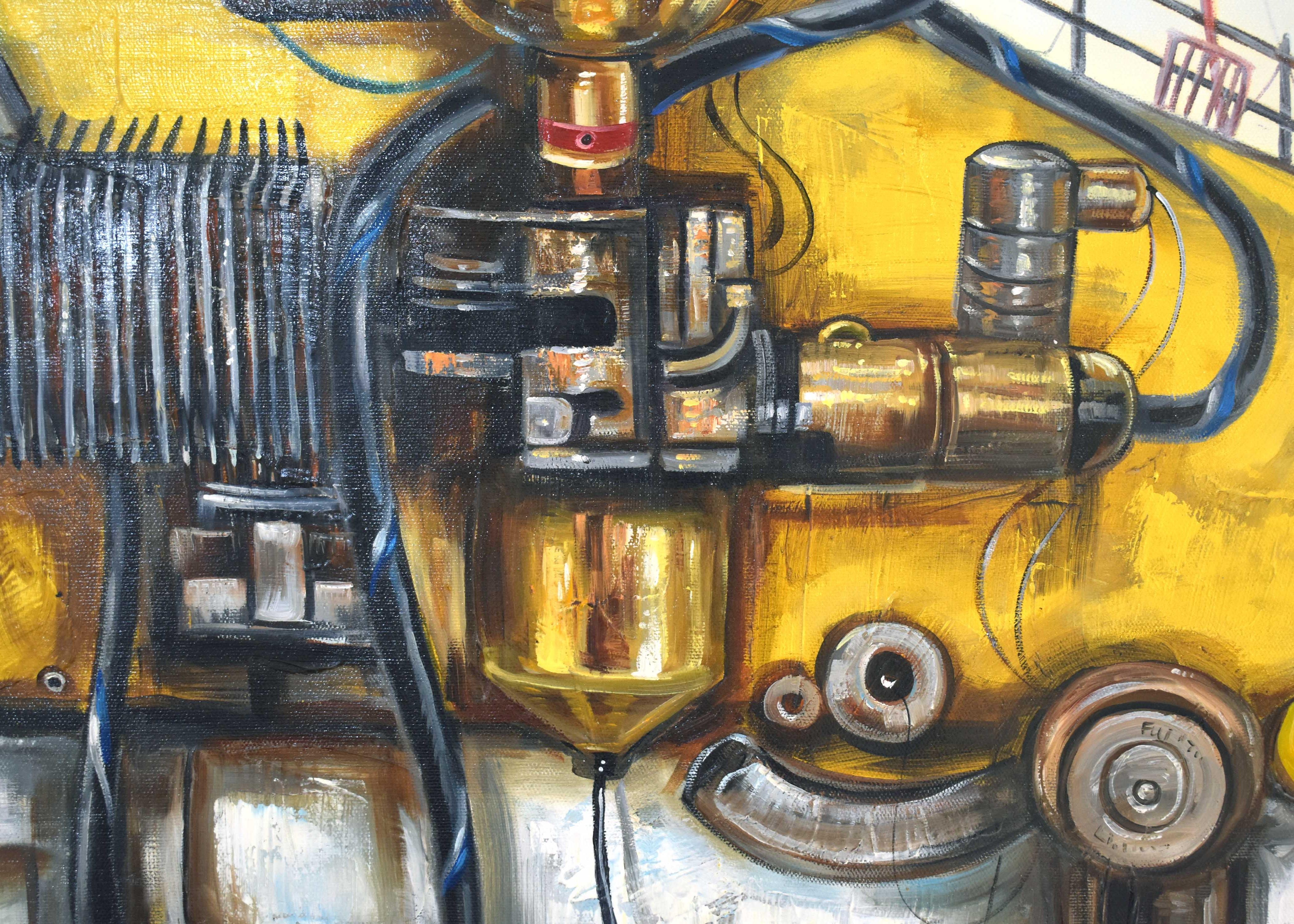 Marinos mecánicos. Submarino Amarillo. Ballena Steampunk. Ballena de acero y hierro - Painting Contemporáneo de Lingee Bangkhuntod