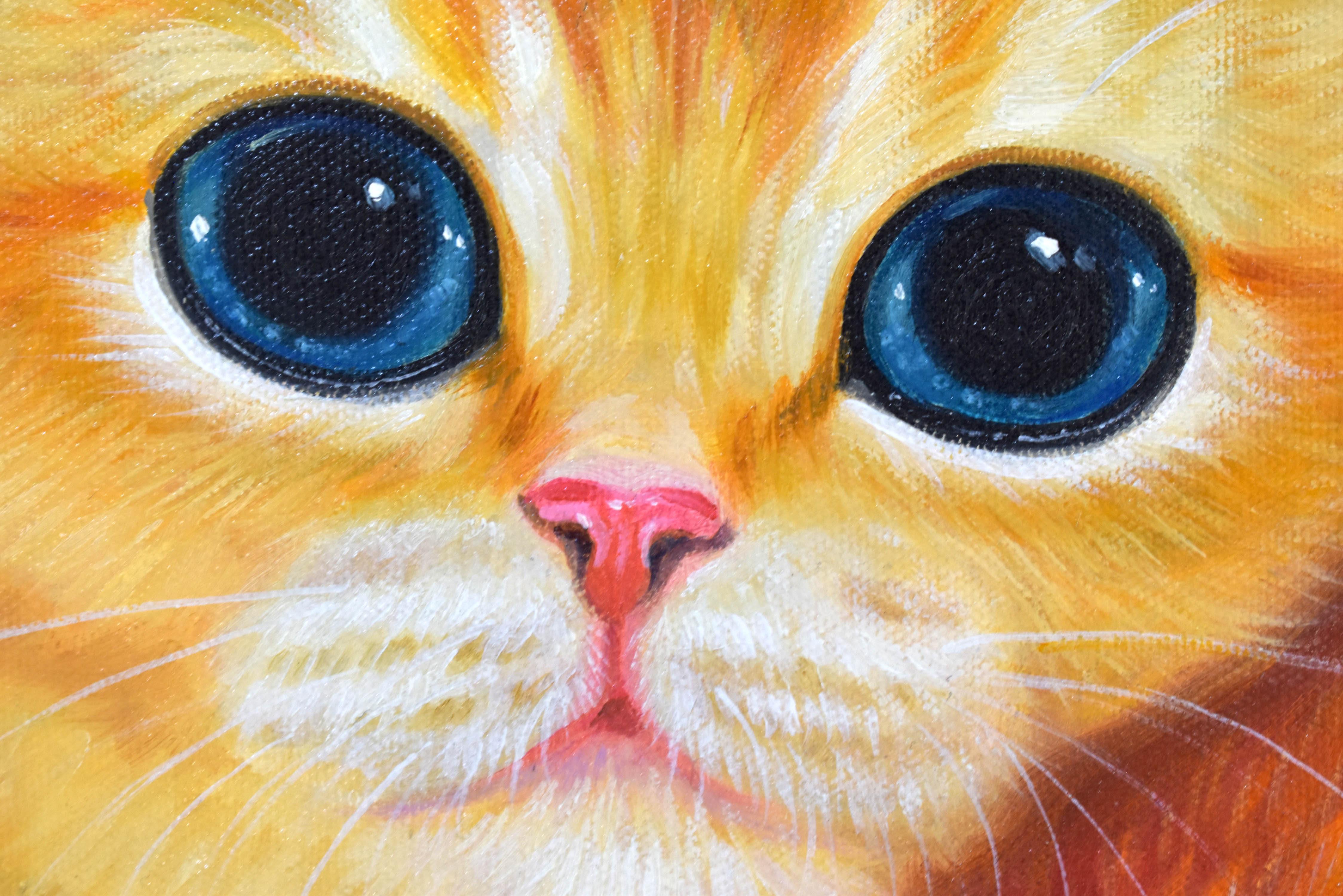 Peeking Cats 3. Kittens looking Through a Hole. Adorable Orange Cat Oil Painting 1