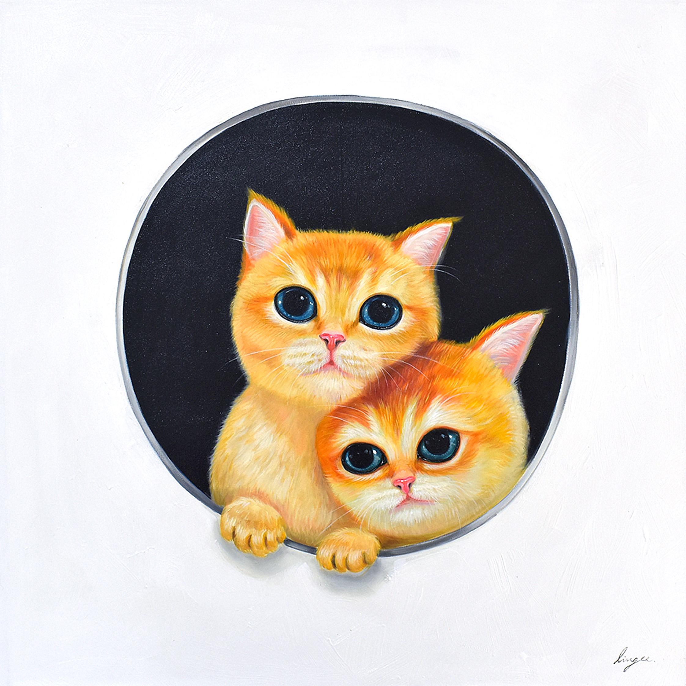 Lingee Bangkhuntod Animal Painting - Peeking Cats 3. Kittens looking Through a Hole. Adorable Orange Cat Oil Painting