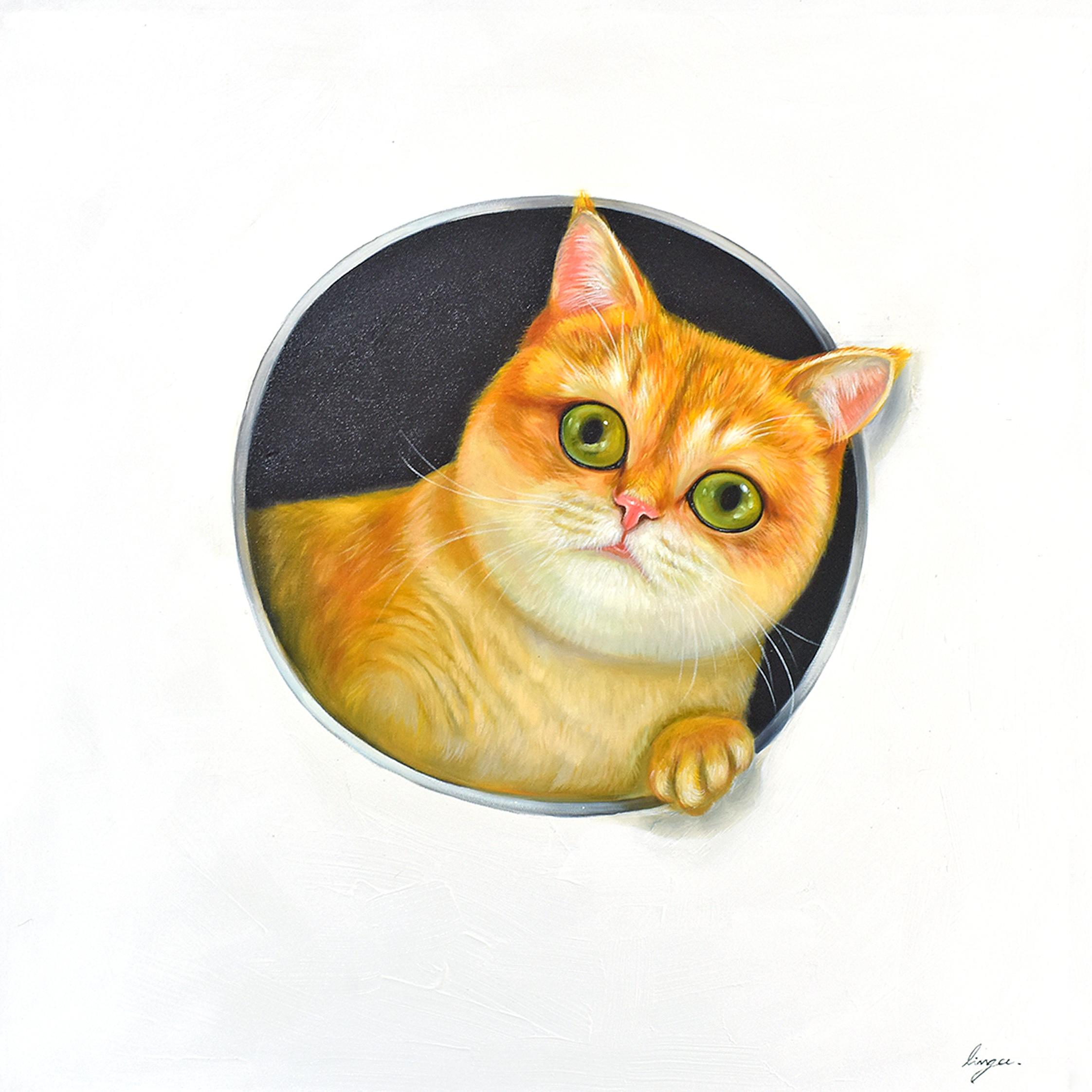 Lingee Bangkhuntod Animal Painting - Peeking Cats 4. Cat looking Through a Hole. Adorable Orange Cat Oil Painting