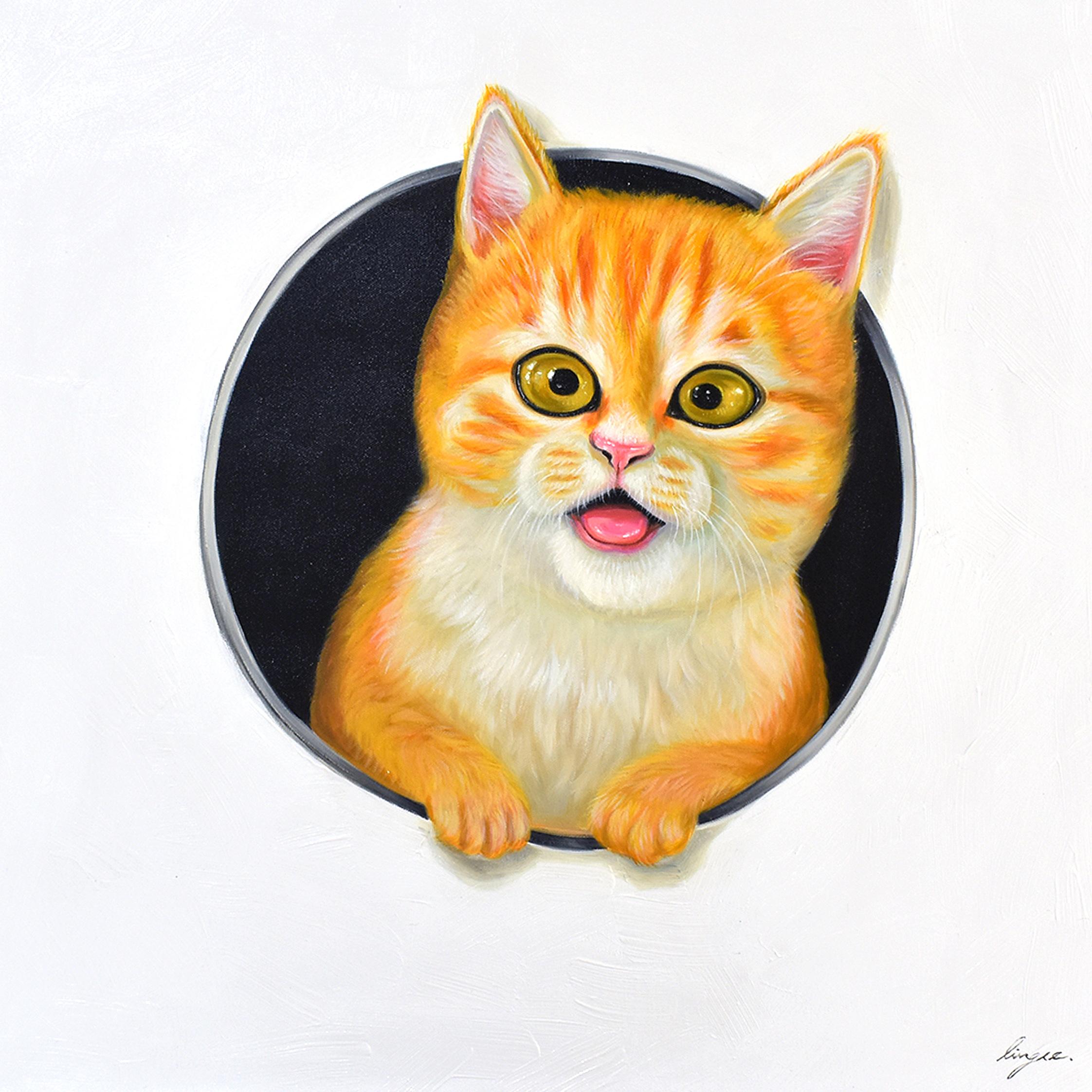 Lingee Bangkhuntod Animal Painting - Peeking Cats 2. Cat looking Through a Hole. Adorable Orange Cat Oil Painting