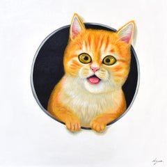 Peeking Cats 2. Cat looking Through a Hole. Adorable Orange Cat Oil Painting