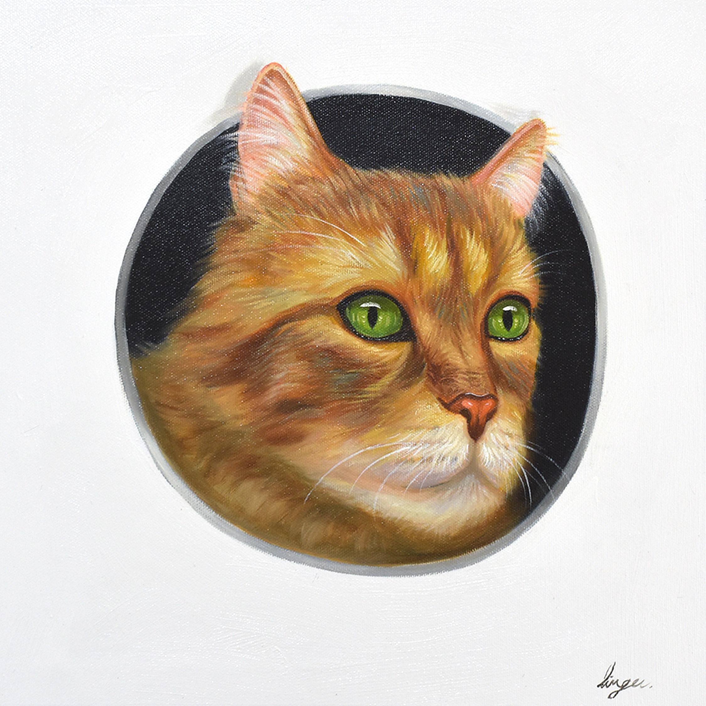 Lingee Bangkhuntod Animal Painting - Peeking Cats 5. Cat looking Through a Hole. Adorable Orange Cat in Hole