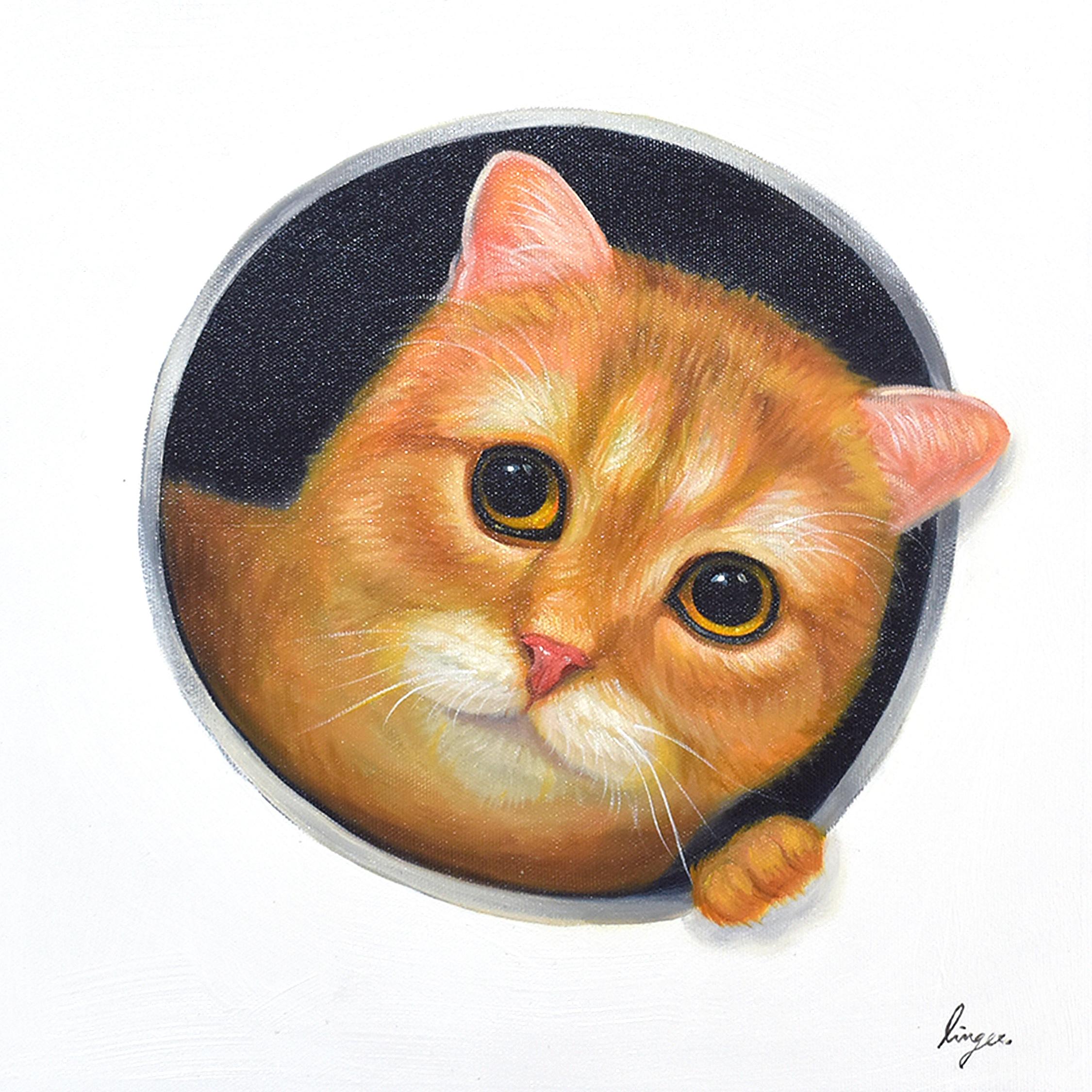 Lingee Bangkhuntod Animal Painting - Peeking Cats 8. Cat looking Through a Hole. Adorable Orange Cat Oil Painting