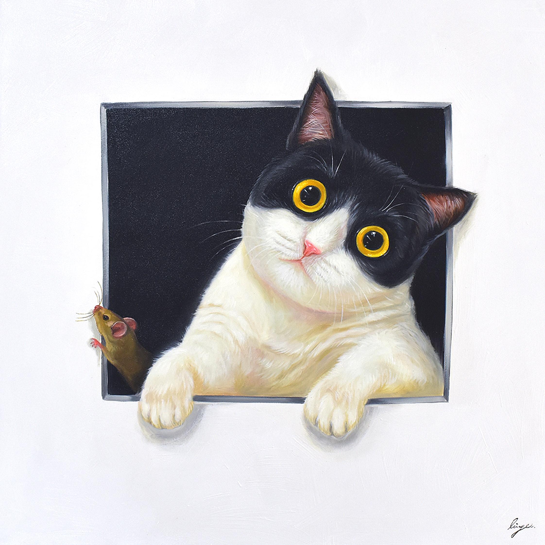 Lingee Bangkhuntod Animal Painting - Playmate 2. Cat and Mouse looking Through a Hole. Adorable Cat and Mouse. Animal