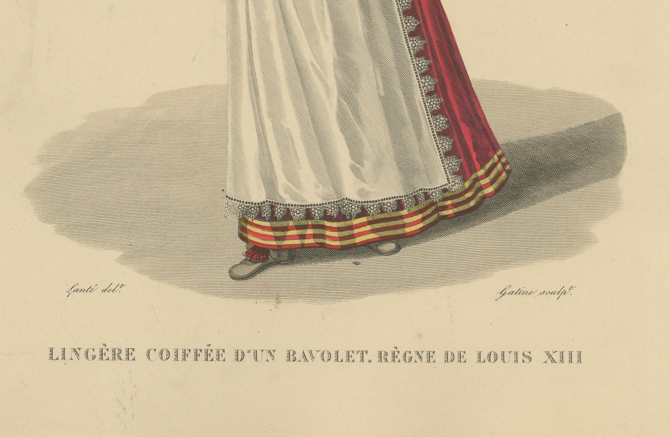 Lingère coiffée d'un Bavolett, Herrschaft Ludwigs XIII. - Handkolorierter Kupferstich, um 1900

Charmanter handkolorierter Stich einer französischen Lingère (Leinenmädchen), die ein Bavolett trägt, eine Art spitzenbesetzter Kopfbedeckung, die