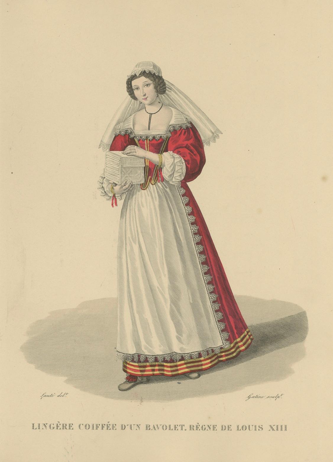 Lingère coiffée d'un Bavolett, Herrschaft Ludwigs XIII. - Handkolorierter Kupferstich 1900 (Frühes 20. Jahrhundert) im Angebot