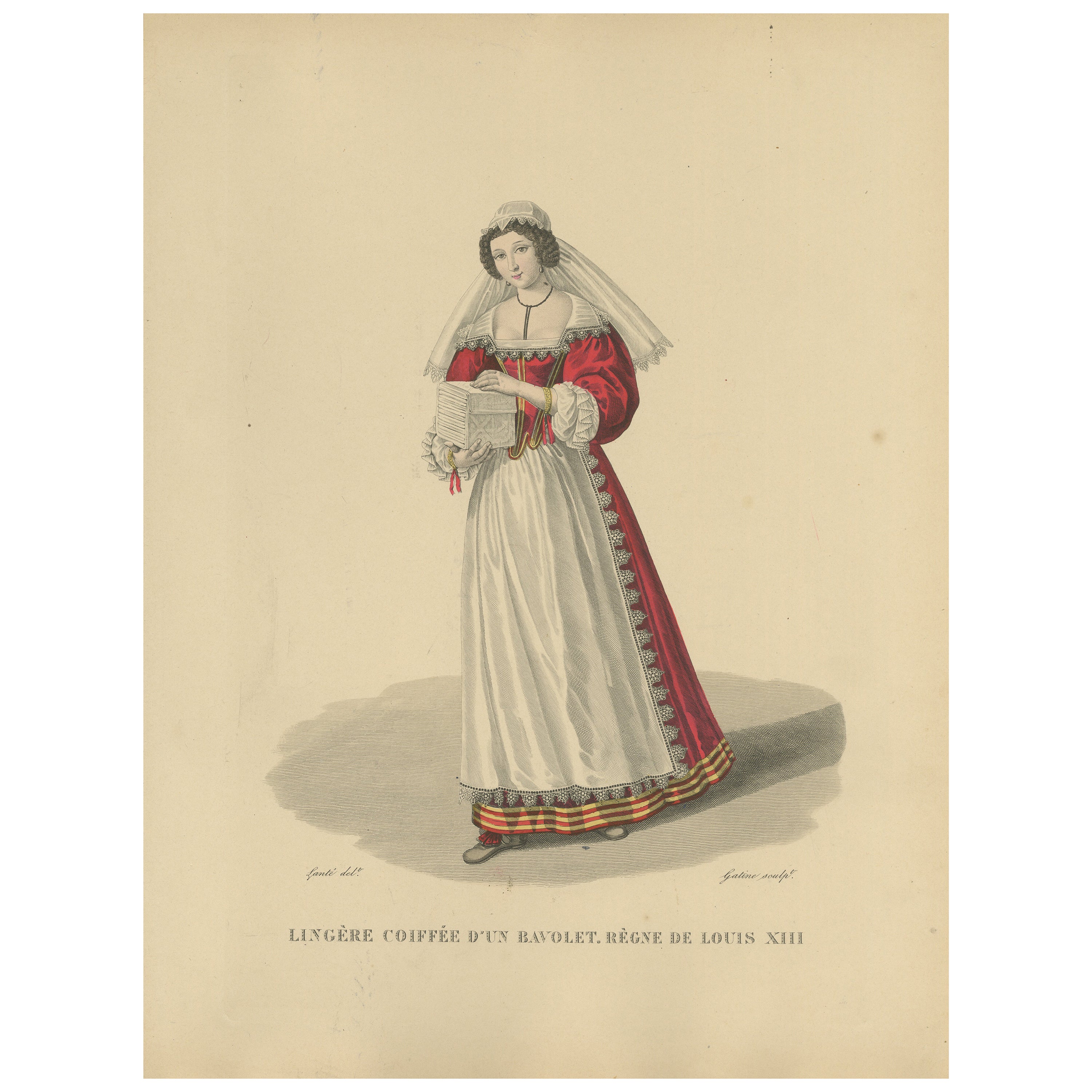 Lingère coiffée d'un Bavolett, Herrschaft Ludwigs XIII. - Handkolorierter Kupferstich 1900