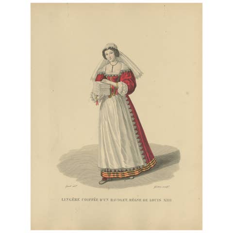 Lingère coiffée d’un Bavolett, Reign of Louis XIII – Handcoloured Engraving 1900
