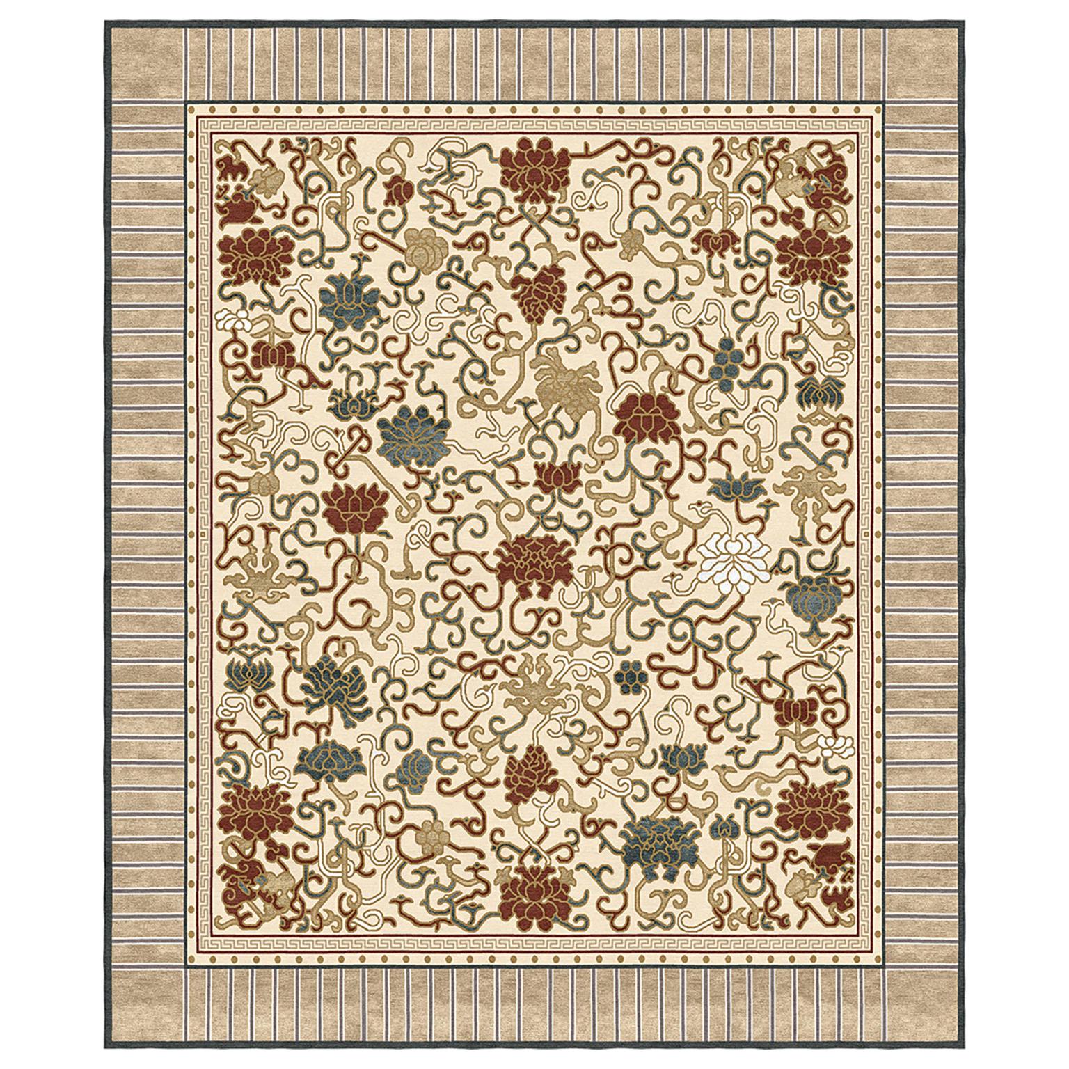 Floral Chinoiserie Rug natural Wool Silk - Lingering Garden Beige For Sale