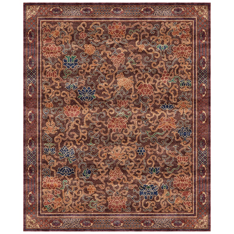 Lingering Garden Chestnut, Floral Traditional Hand Knotted Wool Silk ...
