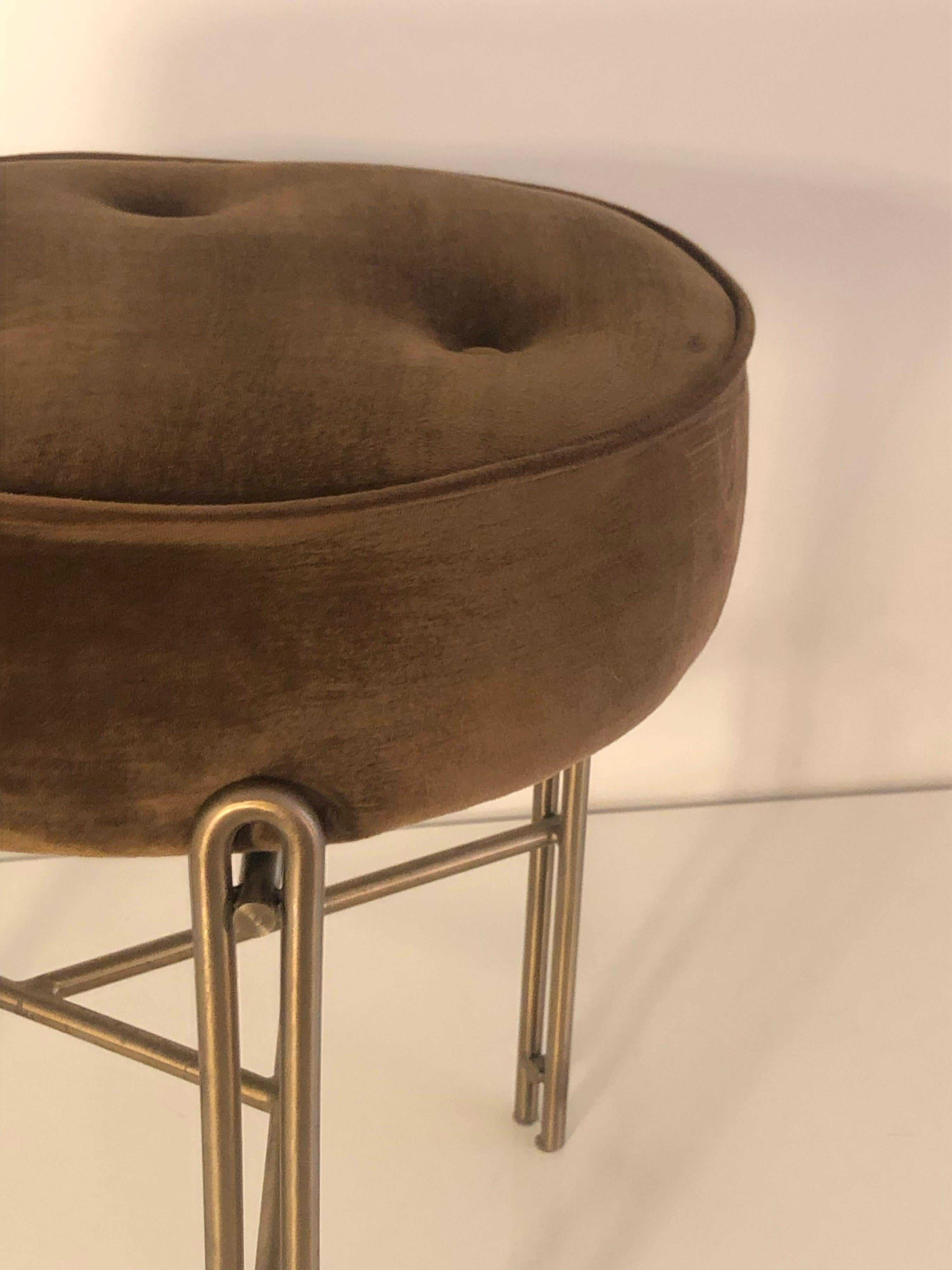 Oiled Linha Upholstered Stool in Brown Velvet by Filipe Ramos For Sale