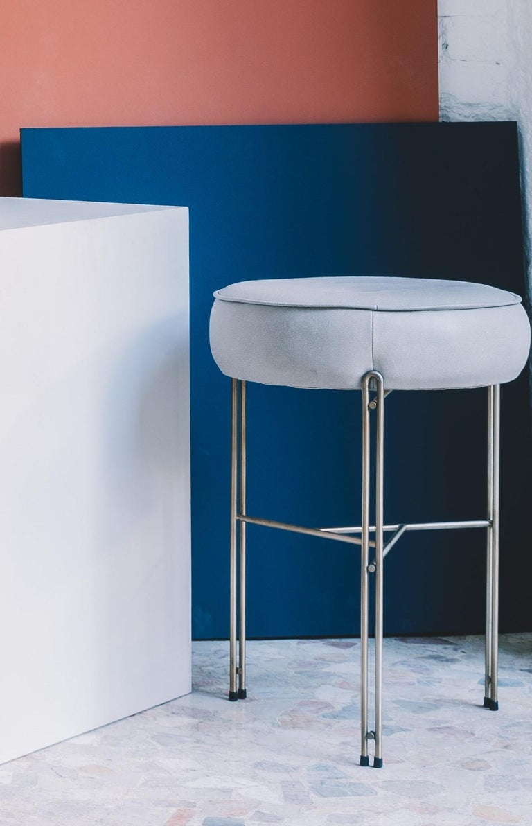 Modern Upholstered Stool in Leather and Stainless steel metal 