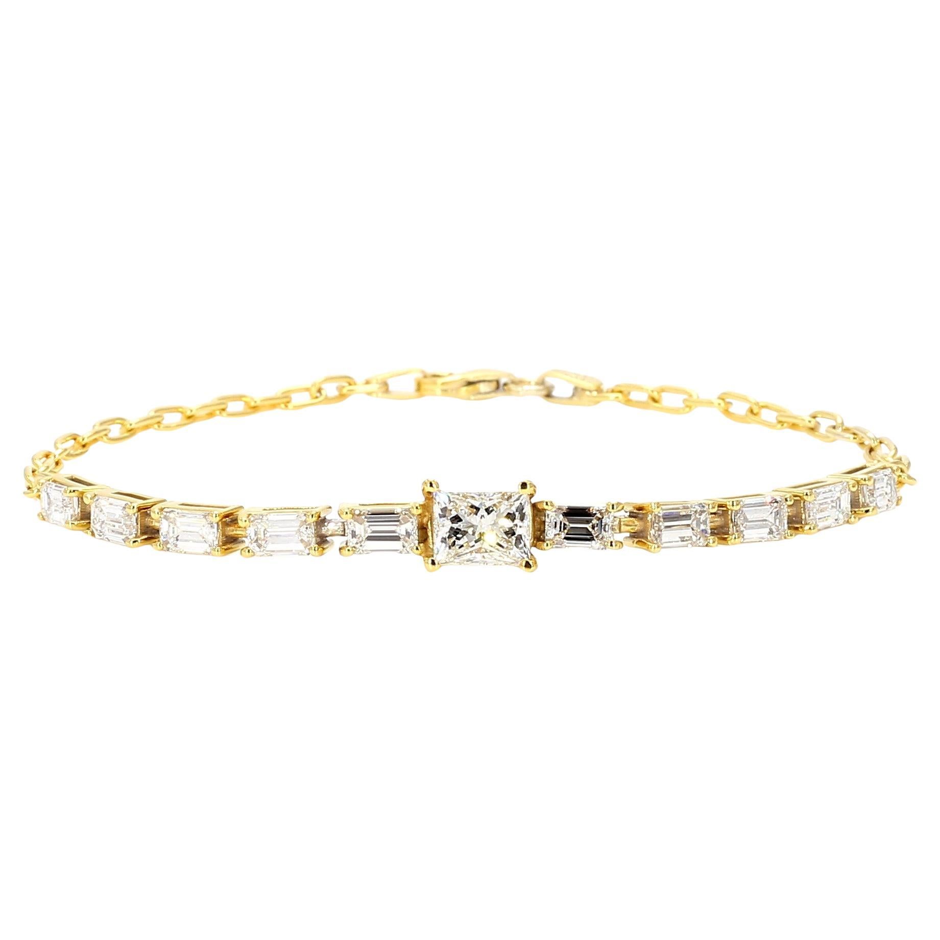 Link Bracelet 3.40 CT Radiant & Emerald White GIA 18K Yellow *Natural Diamonds* For Sale