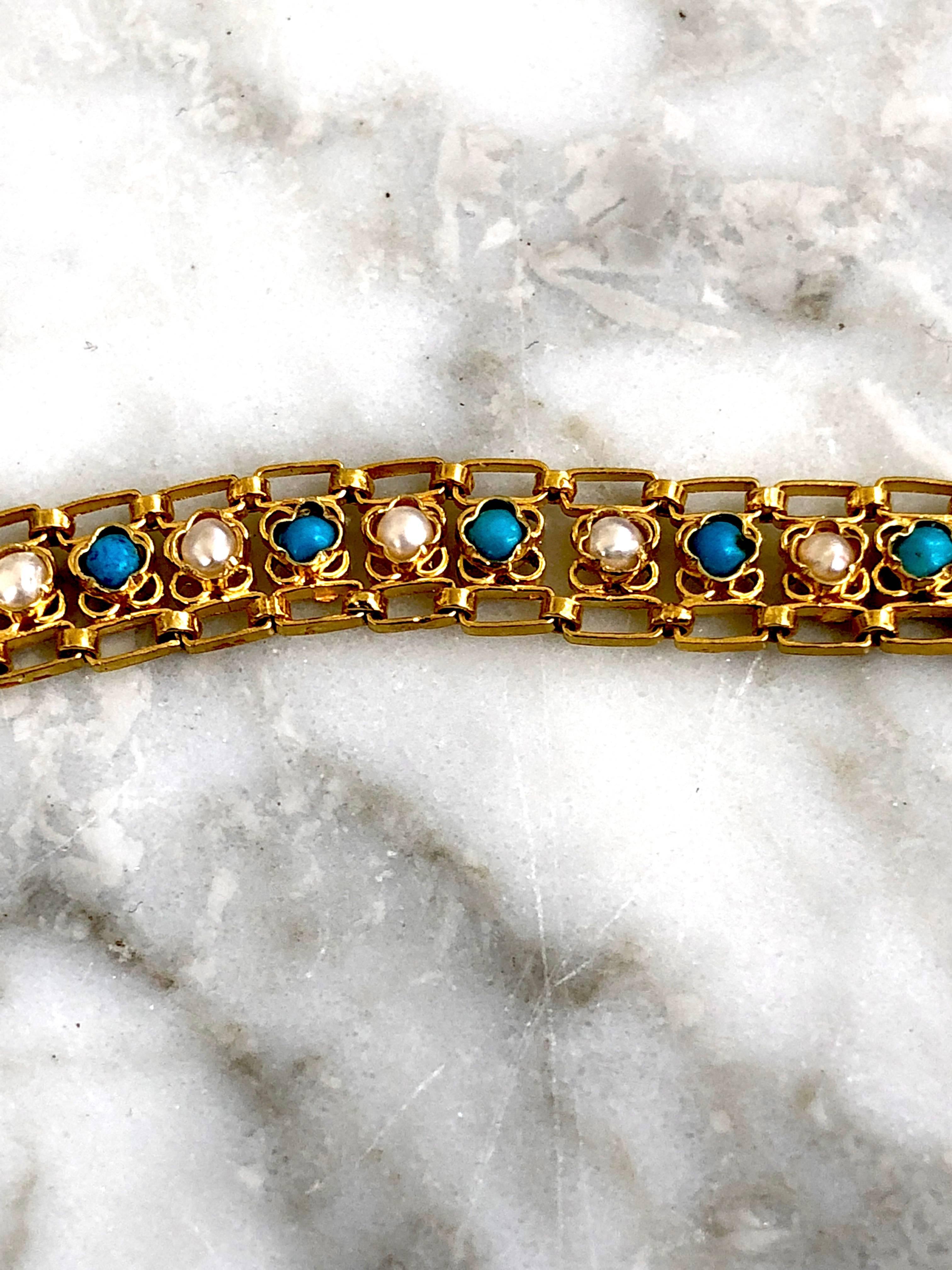 Women's Link Bracelet, Turquoises, Pearls, 18 Karat Yellow Gold For Sale