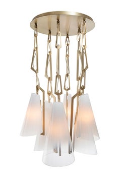 Link Chandelier: Brushed Brass/White Ombre Glass by Avram Rusu Studio