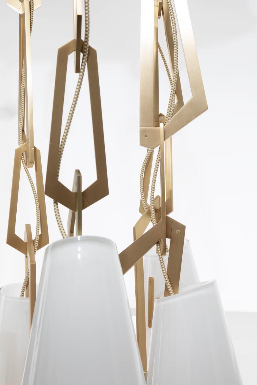 Modern Link Chandelier by Avram Rusu Studio in Brushed Brass with White Shades For Sale
