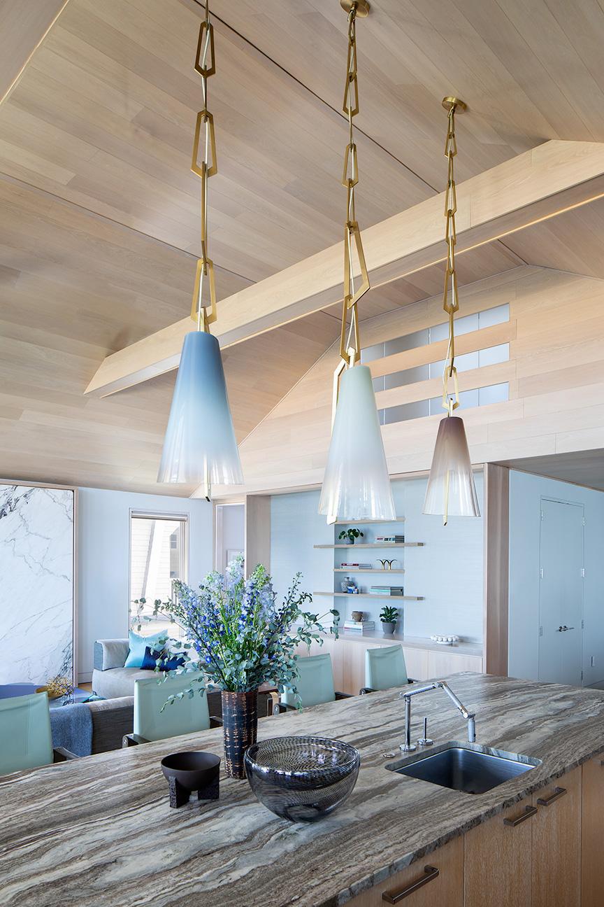 American Link Chandelier in Brushed Brass/White Ombre Glass Shades by Avram Rusu Studio For Sale