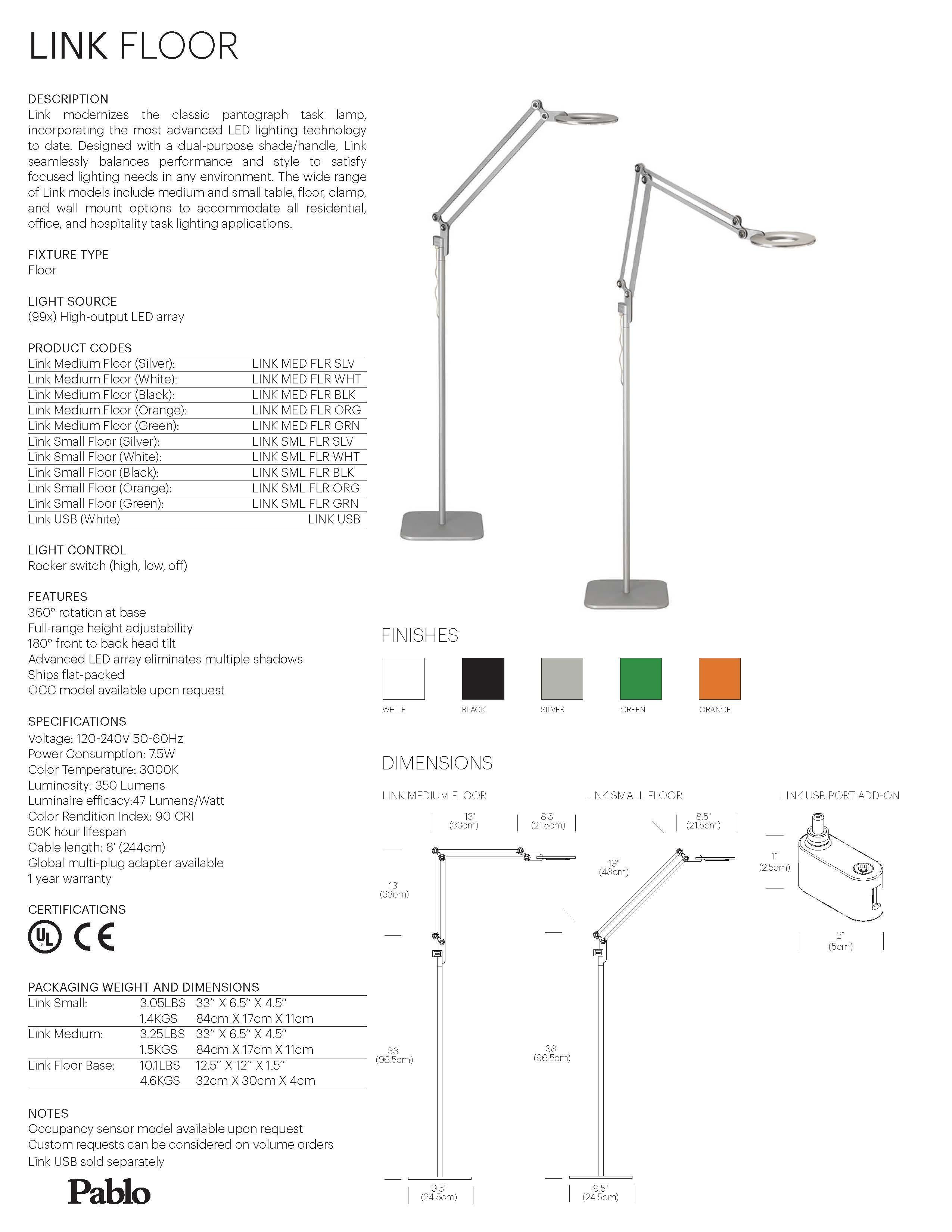 Contemporary Link Medium Floor Lamp in Silver by Pablo Designs For Sale