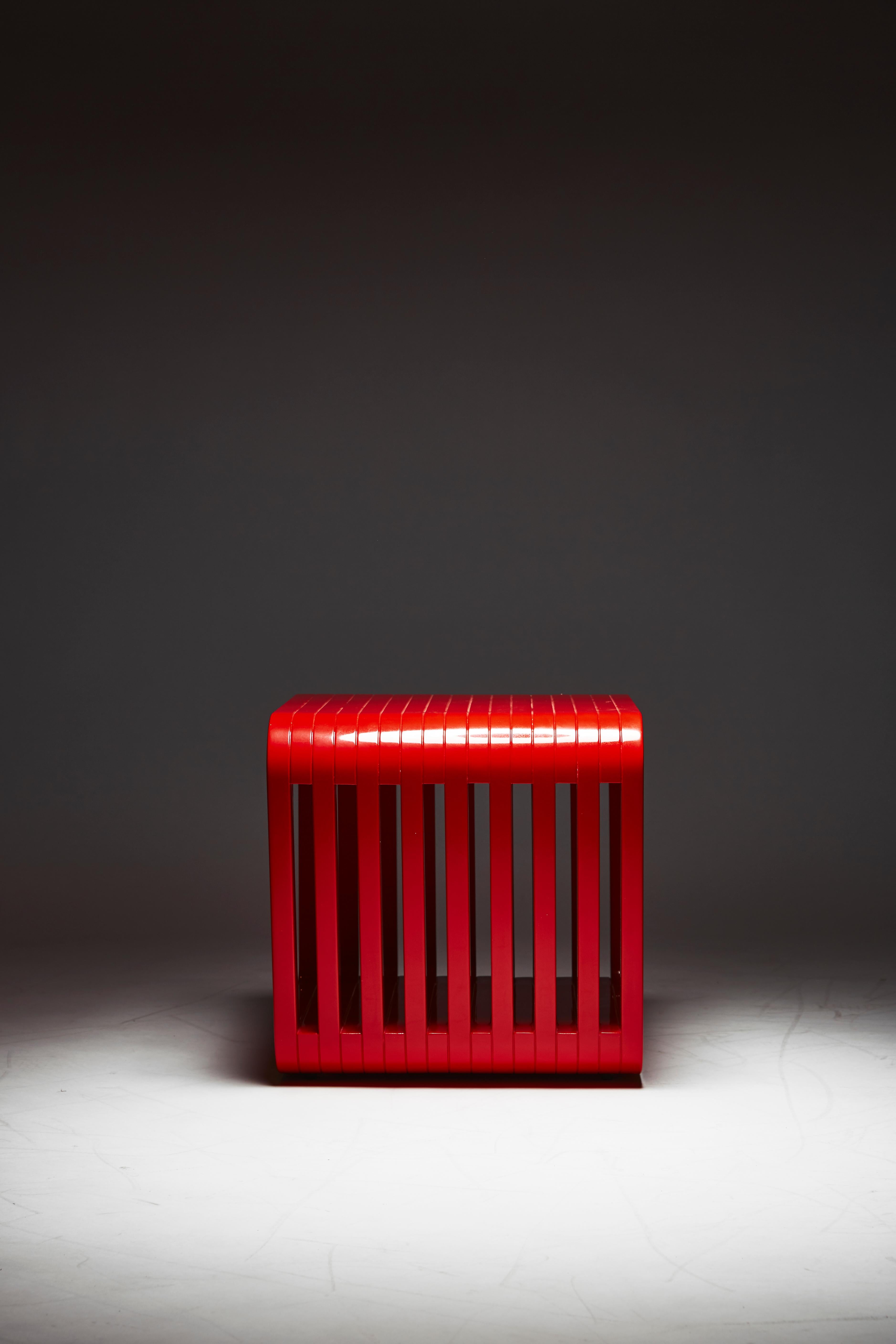 Blackened Stool or Bedside Table, LINK by Reda Amalou, 2016, Red Lacquer For Sale