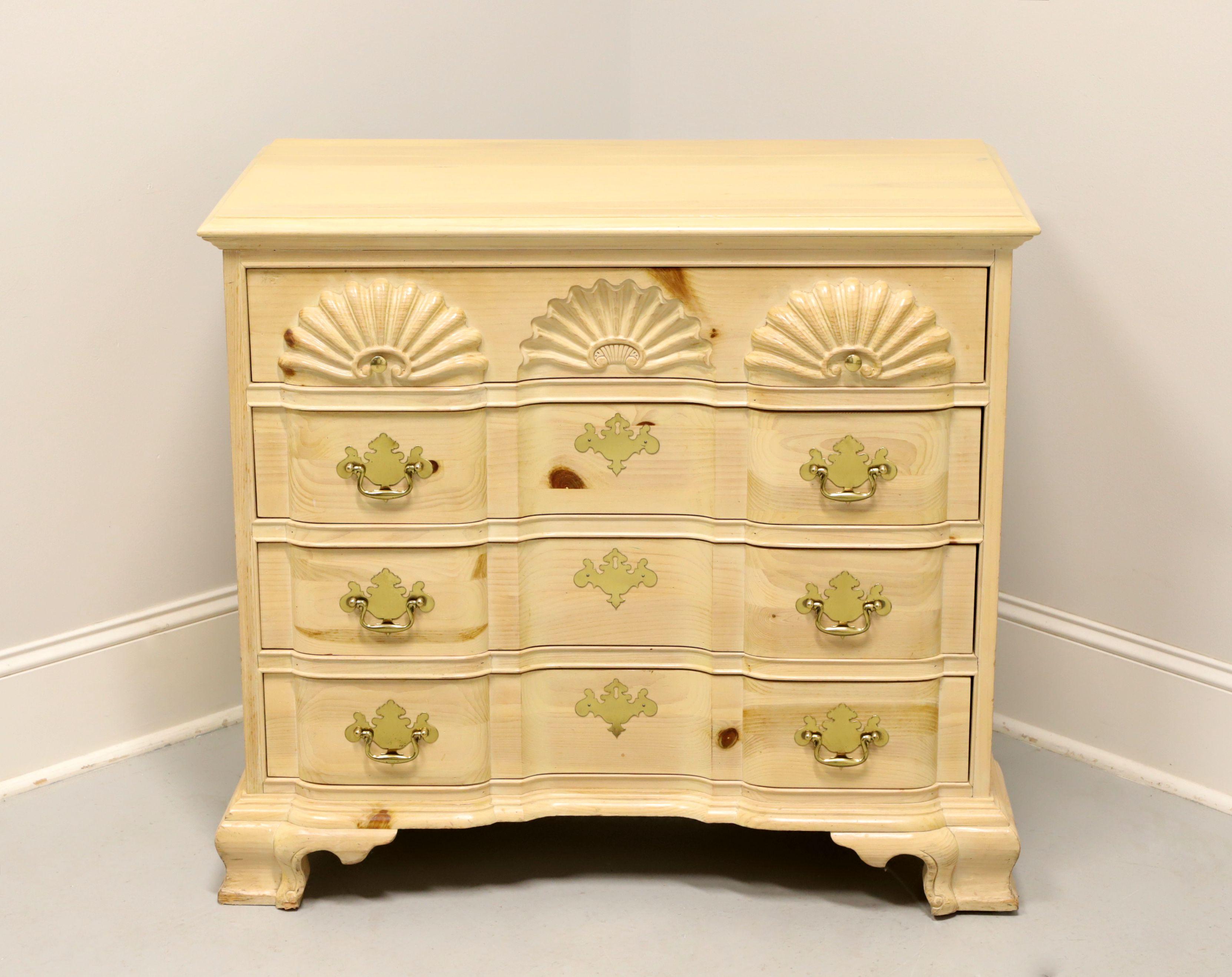 A rare find, a Chippendale Goddard style block front bachelor chest by Link-A Chippendale Goddard style block front bachelor chest by Link-Taylor. Solid pine with a pickled finish, brass hardware, block front, shell carvings to top drawer and ogee