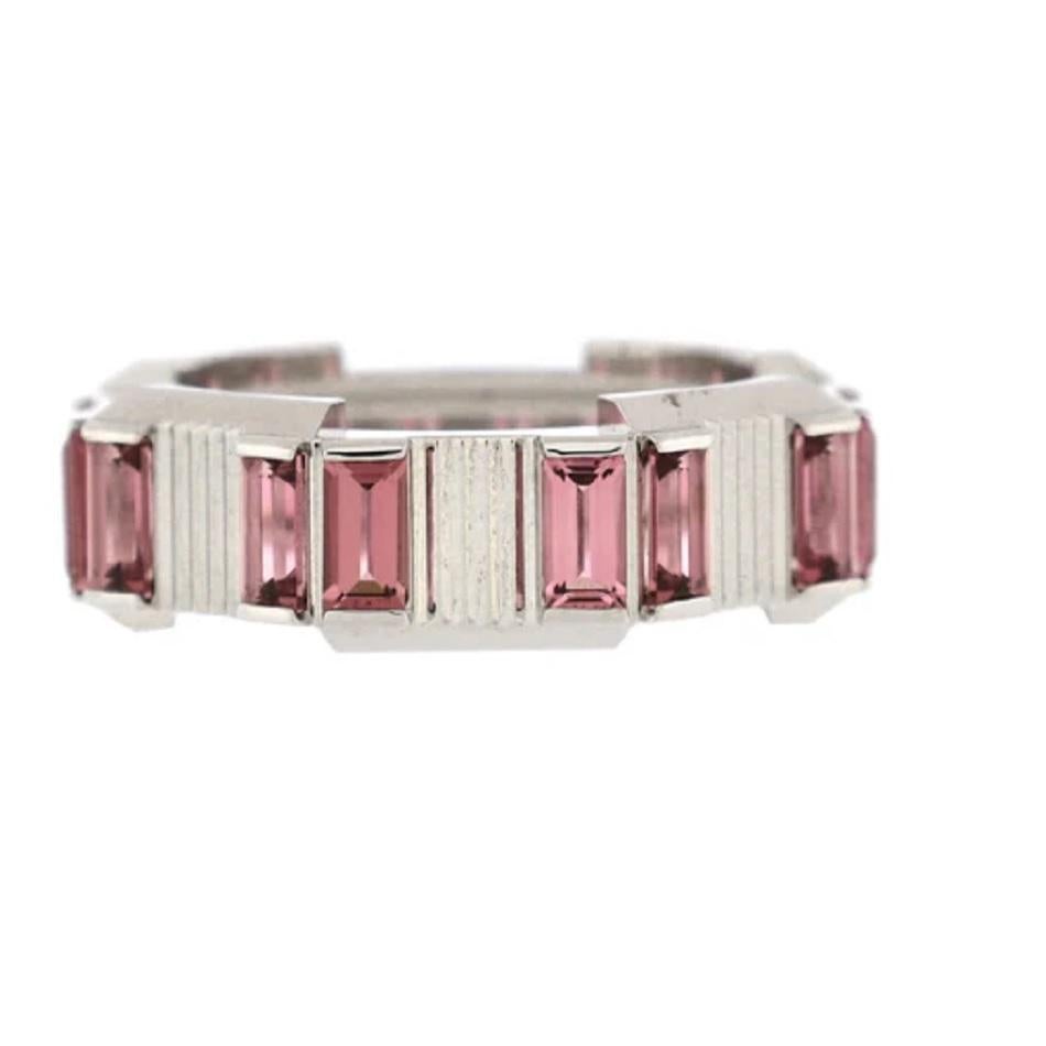 Brand Gucci 
Link To Love Strip Ring
Material 18K White Gold & Rubellite 
Gemstone Rubellite aprox:1.44ct 
Ring Size 6.25
Ring Weight 4.9gr
Ring Width 5.4mm
Condition New, never worn
Retail Price $3.600