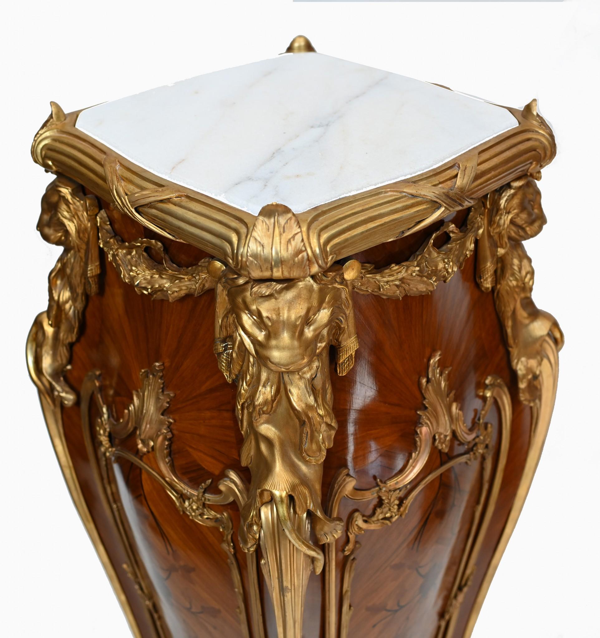 Kingwood Linke Style Pedestal Stands French Empire Tall Tables Inlay Gilt For Sale