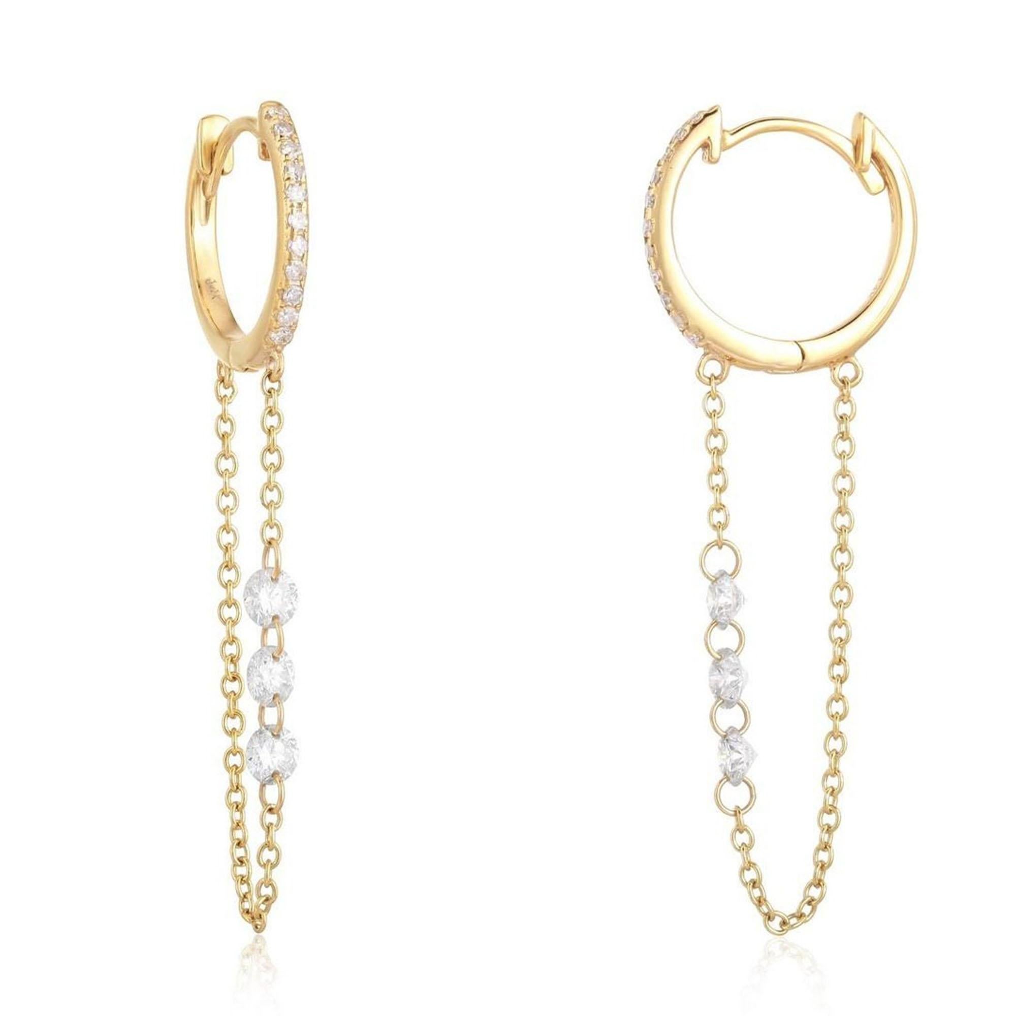 Boucles d'oreilles Huggie en or jaune 14K avec diamants et chaîne Link